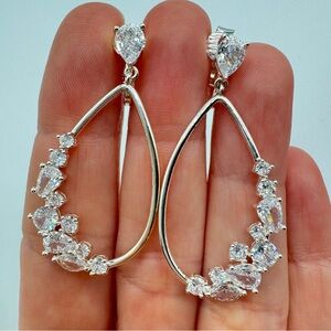 Cubic Zirconia CZ Cluster Teardrop Hoop Clip On Earrings Bridal Wedding Formal